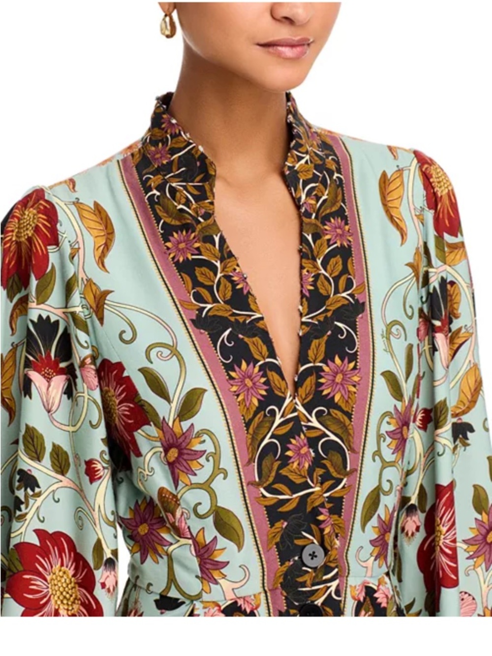 Floral Maxi Dress with Puff Sleeves - Mint & Burgundy - Picture 2 of 5